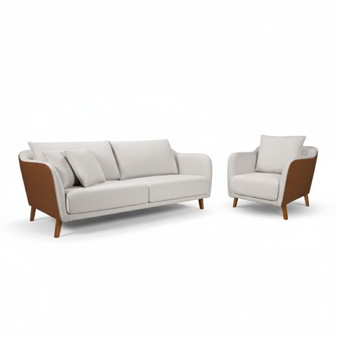 Conjunto Sofá Living Hórus e Poltrona Tecido Composê Linho Cru e Marrom Terracota 1,70m