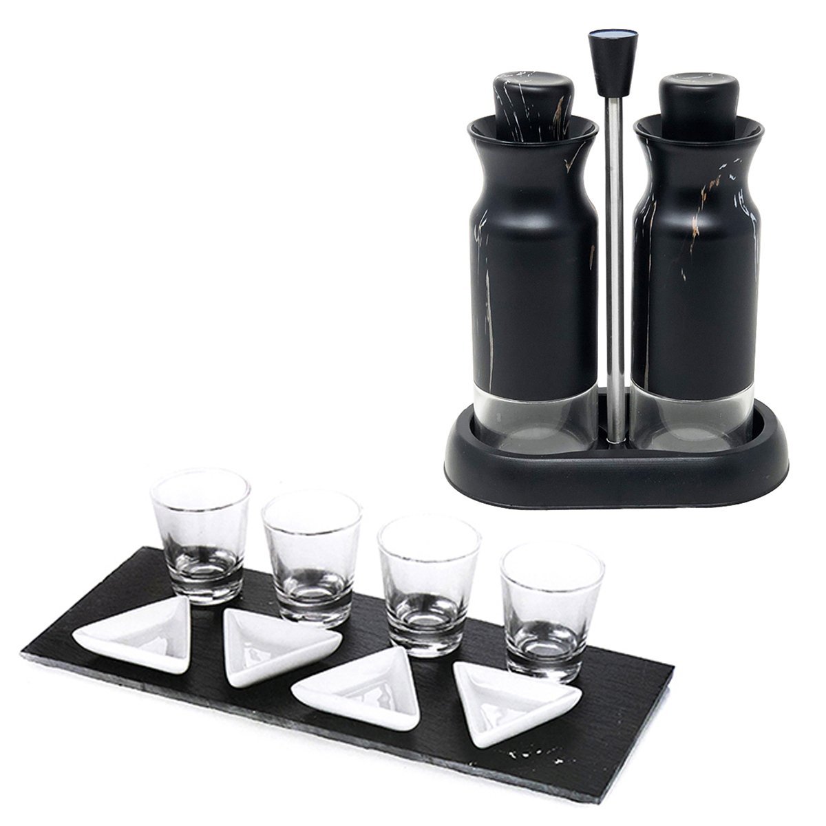 Kit Galheteiro Porta Azeite Vinagre Molheira Azeiteiro Vinagreiro Molhos Copos Shots Mini Pratos