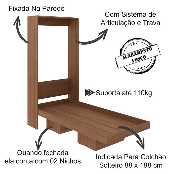 Cama Retratil De Parede Solteiro CM8015 Amendoa Tecno Mobili - 5