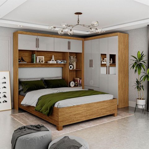 Guarda Roupa Casal Modulado 4 Portas com Cama Hercules 4 Portas 4 Gavetas Espelho Cinamomo com Off