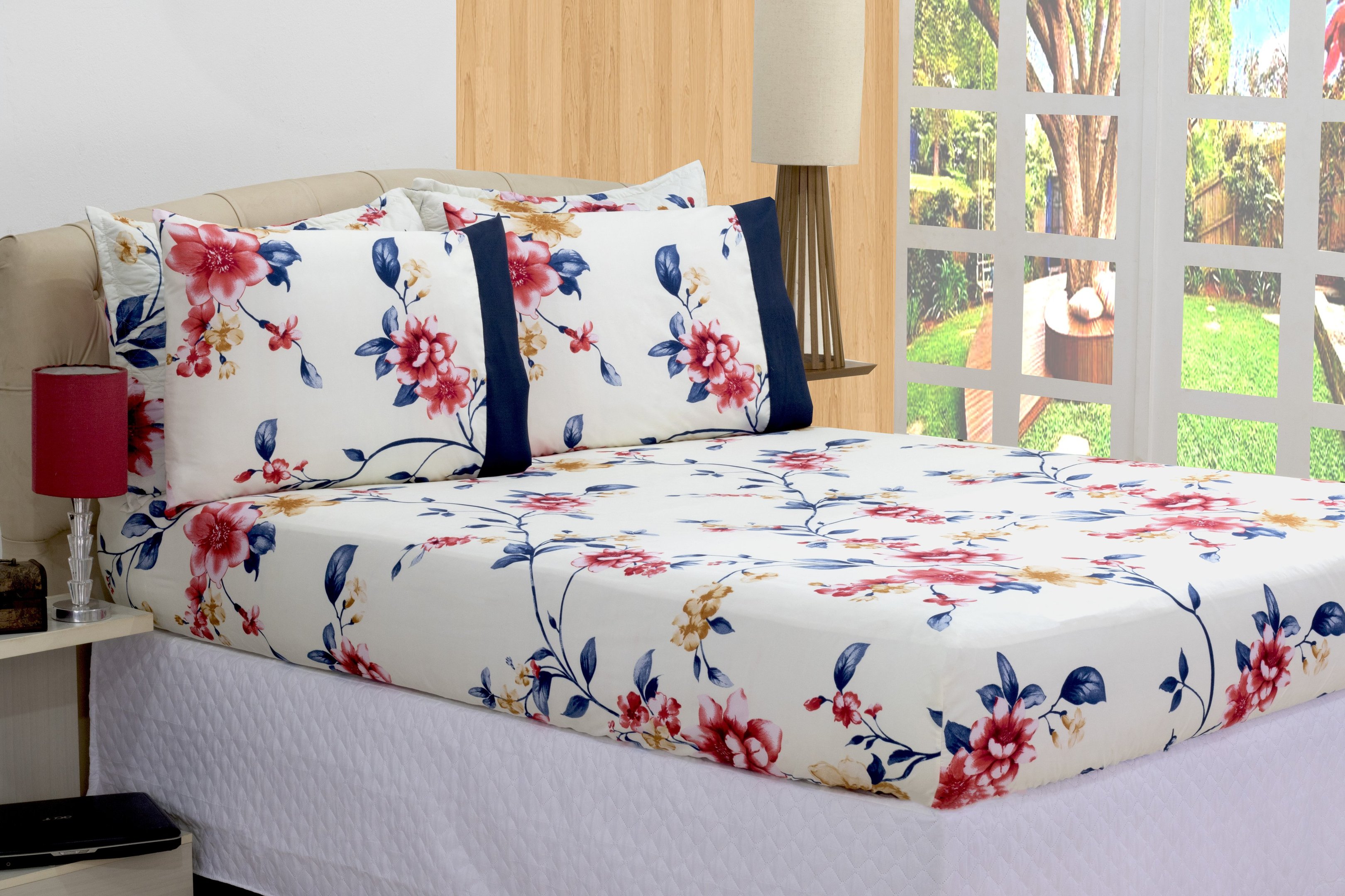 JOGO DE CAMA LENÇOL MICROPERCAL COM ELÁSTICO FLORAL AZUL QUEEN 03 PÇS ...