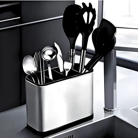 Kit Cozinha Gourmet: Faqueiro 24 Peças + Escorredor Organizador de Talheres em Inox