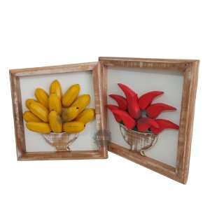 Quadros madeira feito a mão bananas/pimentas alto relevo artesanato mineiro