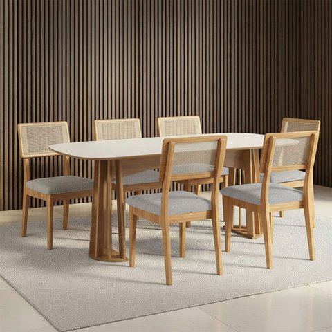 Mesa de Jantar Retangular 180cm com 6 Cadeiras 100% Mdf Cor:off White com Freijó e Linho Cinza