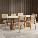 Ver imagem 1 de Mesa de Jantar Retangular 180cm com 6 Cadeiras 100% Mdf Cor:off White com Freijó e Linho Cinza