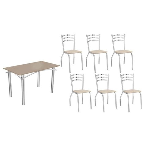 Sala de Jantar Completa Elba Tampo Madeirado C/ Vidro 120cm e 6 Cadeiras Portugal Cromada/freijo