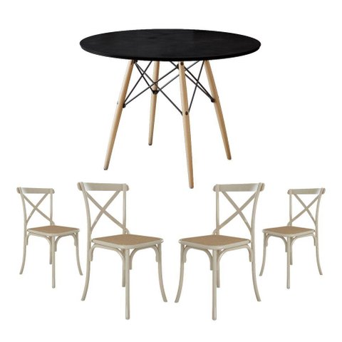 Jogo de Mesa Eiffel Redondo Tampo de Madeira 90cm Preto com 4 Cadeiras Katrina Off Whiteo Beg