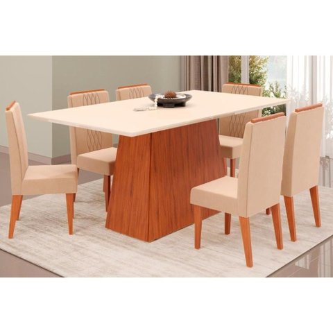 Cozinha Completa Dulce Tampo Madeirado C/ Vidro Reto 180x90cm e 6 Cadeiras Lia Freijo/off White -