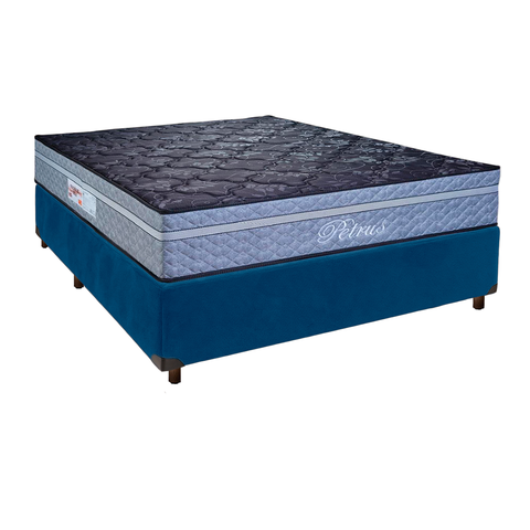 Conjunto Cama Box Azul Casal + Colchão Molas Ensacadas Petrus Paropas