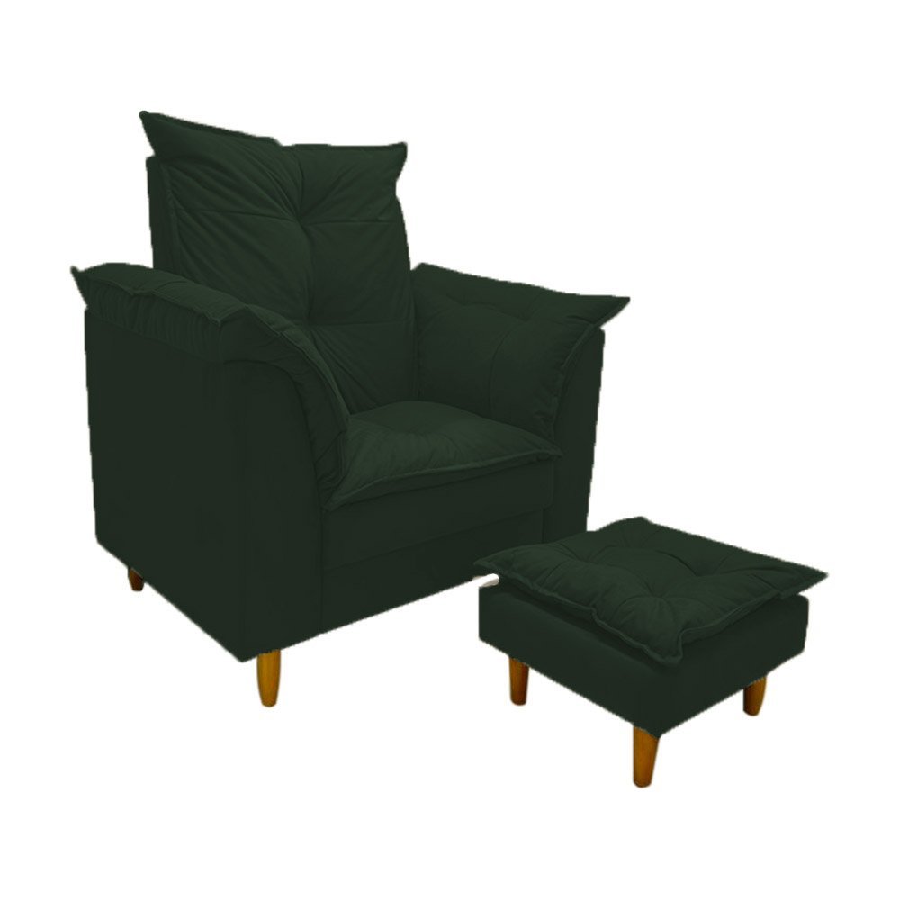 Poltrona Amamentação verde escuro suede Com Puff Cadeira Para Leitura Descanso