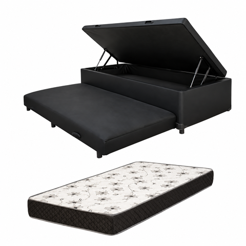 Cama Box Baú Solteiro Bicama + Colchão D20 12 cm Corino Preto sem Cabeceira