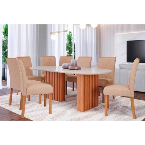 Conjunto: Mesa Sala Jantar Ester Tampo Madeirado C/ Vidro 210x100cm e 8 Cadeiras Fernanda Cinamomo/