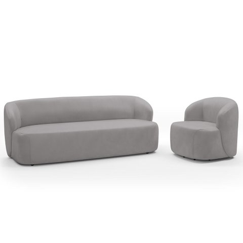 Sofá 3 Lugares 205cm com Poltrona Giratória Orgânica Heidy F04 Veludo Cinza - Lyam Decor