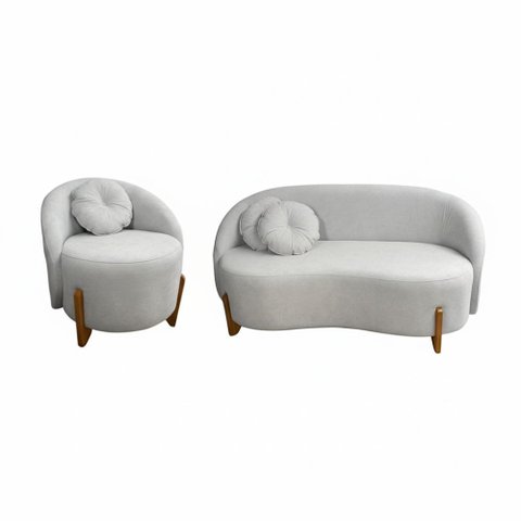 Conjunto 01 Poltrona + Sofá Curvo Orgânico Amsterdã Bouclê Cinza Claro - Montanari's Decor