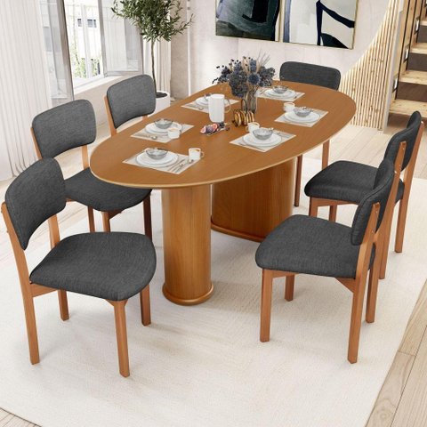 Mesa para Sala de Jantar Ourense com 06 Cadeiras Sala de Jantar Dara L02 Linho Cinza Escuro - Lyam