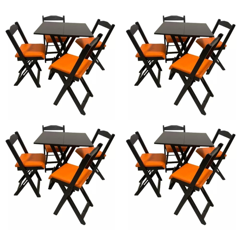 Kit 4 Conjuntos Dobraveis 70x70 Preto com Estofado Laranja Bares Restaurantes