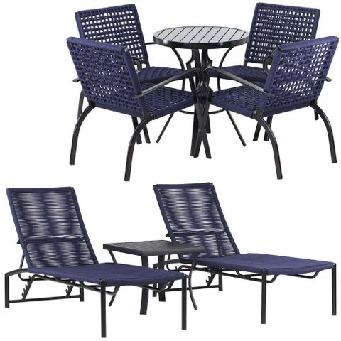 2 Espreguiçadeiras e Cadeiras e Mesa Piscina Jardim Trama Azul