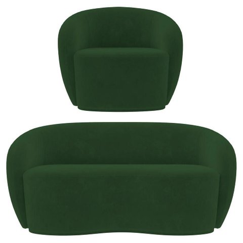 Sofá 2 Lugares Living 160cm e 1 Poltrona Giratória Garbin Z08 Veludo Verde - Mpozenato