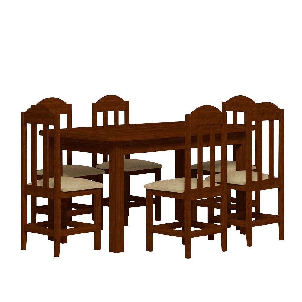 Mesa Com 6 Cadeiras Em Madeira Maciça Castanho Assento Estofado Corino Bege 160 Nemargi - 2