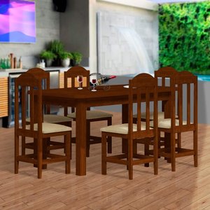 Mesa Com 6 Cadeiras Em Madeira Maciça Castanho Assento Estofado Corino Bege 160 Nemargi