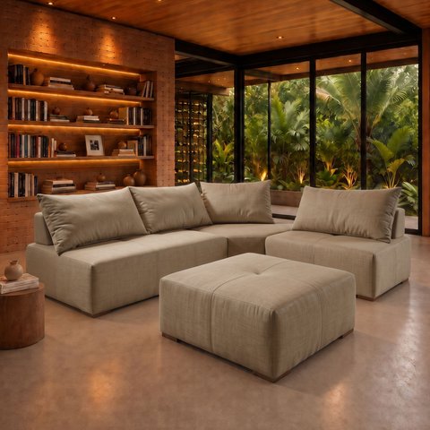 Sofá de Canto Modulado com Puff e Base Madeira Maciça 270CMX220CM Lisboa