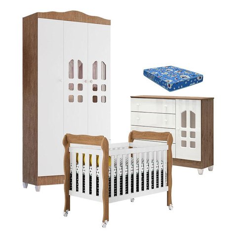 Quarto de Bebê New Selena 3 Portas com Berço Lila e Cômoda Selena Branco Acetinado Amadeirado e Colc