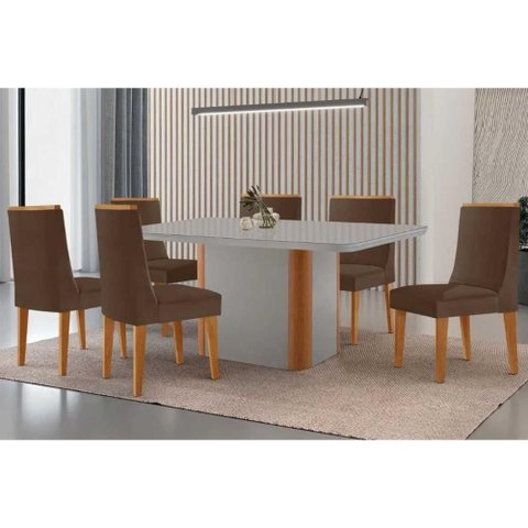 Conjunto: Mesa Sala Jantar Pietá Tampo c/ Vidro Curvo 180cm+6 Cadeiras Dakota Naturale/Off White -