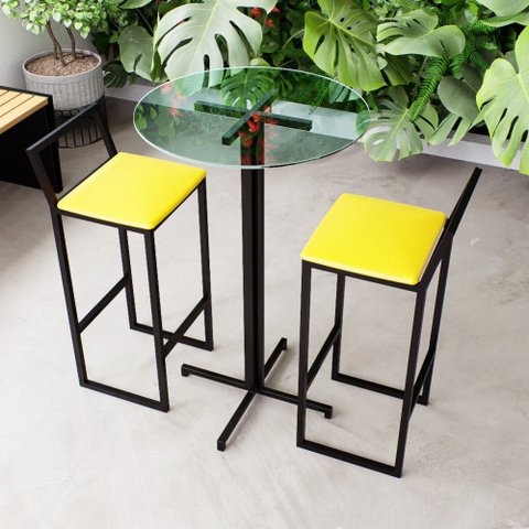 Conjunto Mesa Alta Bar Bistrô Redonda Vidro 2 Banquetas Estofado Industrial Don Castro
