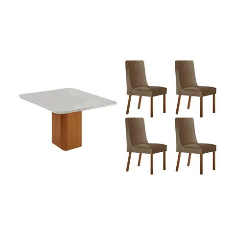 Conjunto: Mesa Sala Jantar Maldivas C/ Tampo Madeirado C/ Vidro Canto Curvo 90x90cm e 4 Cadeiras