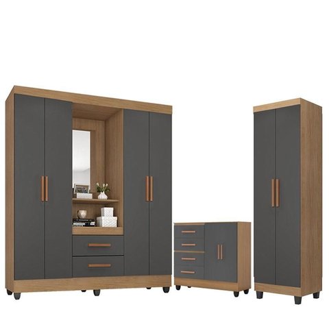 Guarda Roupa Casal Capela com Cômoda Lite 4 Gavetas 02 Portas a E armário Multiuso Lite Nature Cinza