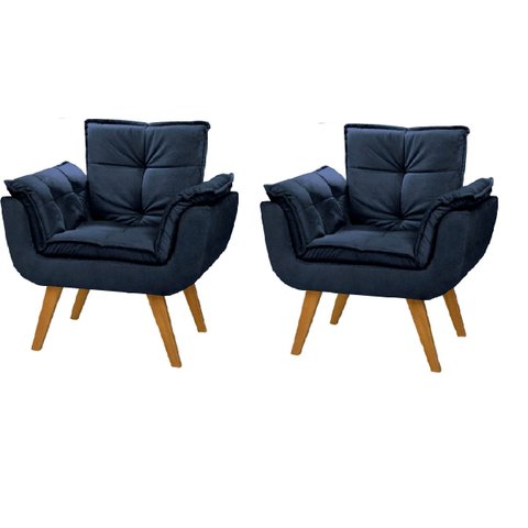 Kit 2 Poltronas Decorativas Opalla Suede Azul Marinho Pés Palito Caramelo para Sala de Estar Luxo -