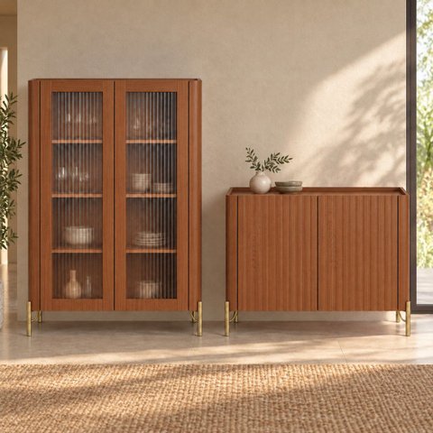 Kit Cristaleira com Buffet Bend Frisado Principal Incolar Cedro Metal Dourado