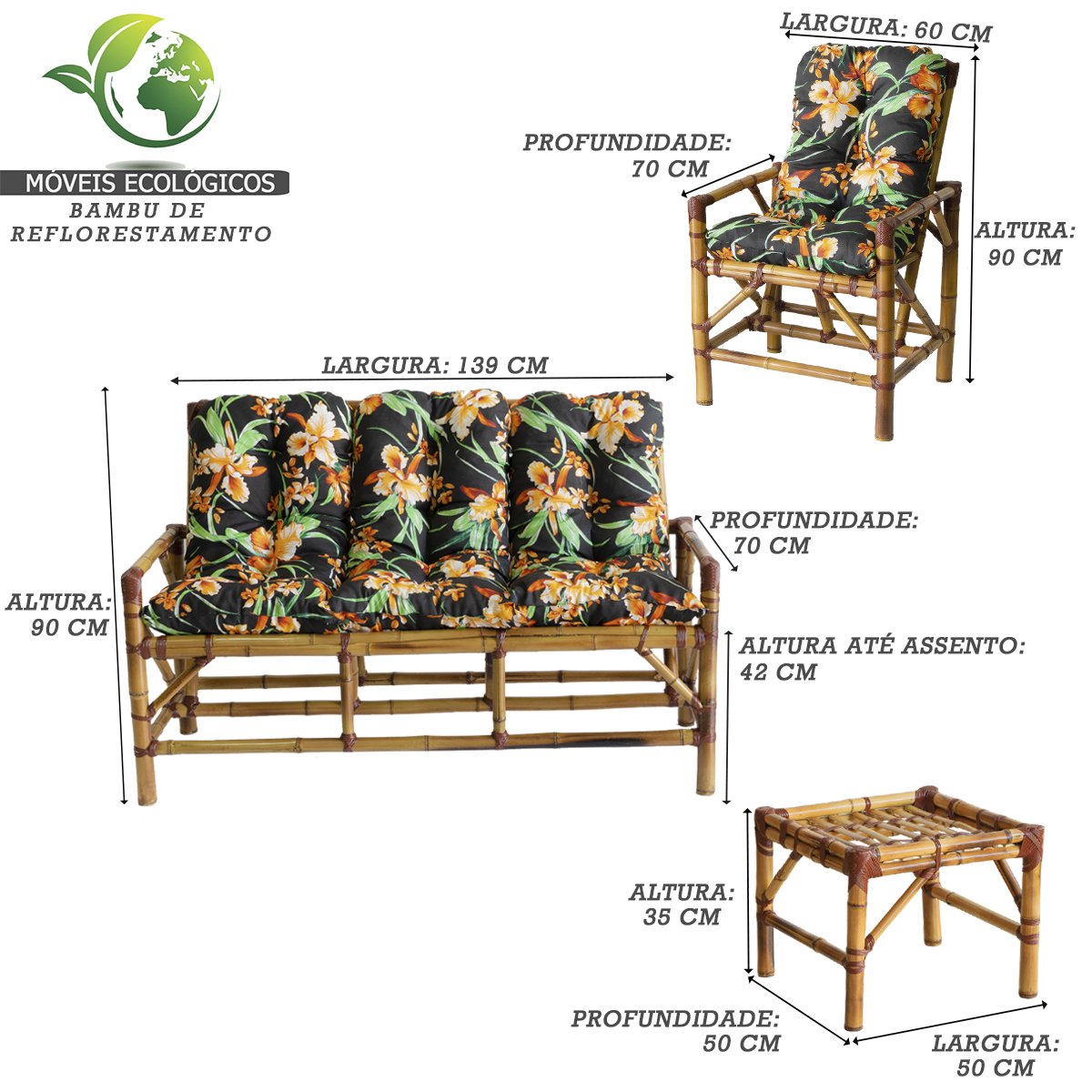 Conjunto Poltronas de Bambu 5 Lugares Cadeiras e Mesa de Centro com Almofadas para Área T20 - 4