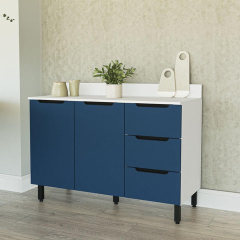 Balcão de Cozinha Meena 120x92,5cm com 3 Gavetas 2 Portas Branco/Azul 250012