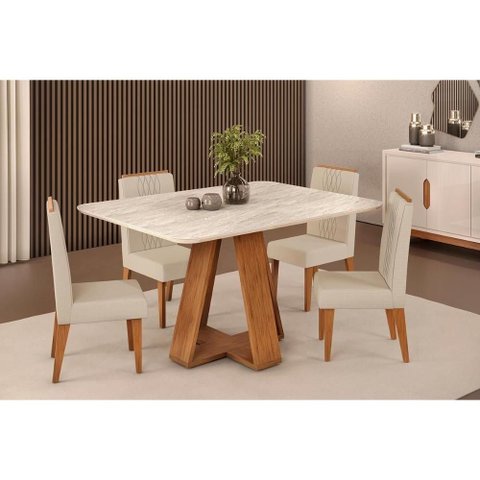Sala de Jantar Completa Celeste C/ Tampo Madeirado Curvo 120x90cm e 4 Cadeiras Lia Freijo/quartzo -