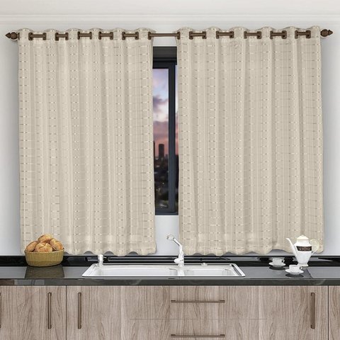 Cortina 2,80x1,20 Sala Quarto Cozinha Voil Microfibra: Xadrez Bege