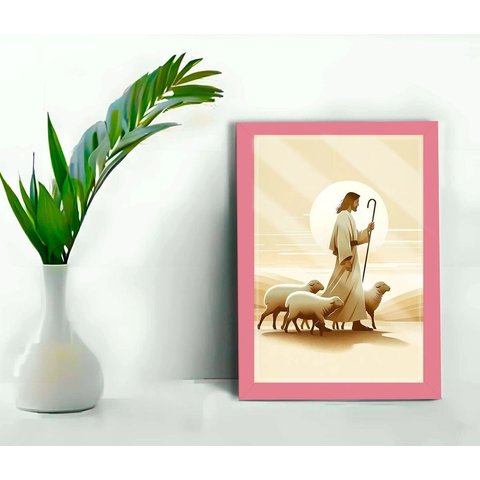 Quadro Decorativo Bom Pastor Loja Biblioteca +vidro 33x25 A4:rosa