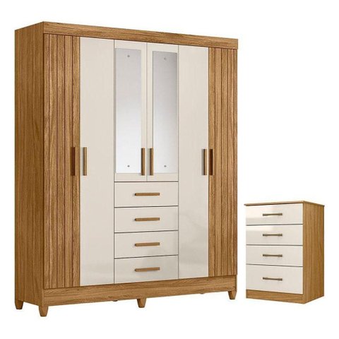 Guarda Roupa Solteiro Aruba com Espelho e Cômoda Ms913 Freijó Off White – Moval
