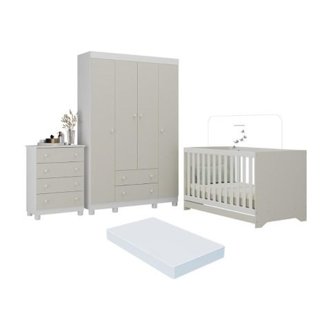 Quarto de Bebê Completo Berço Americano 3 em 1 Colchão Allegra Multimóveis Mp4602 Branco/off