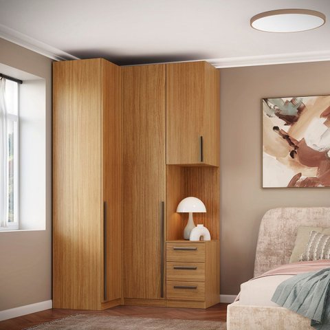 Guarda Roupa de Canto 2 Portas com Mesa de Cabeceira Altezza Trend:freijó