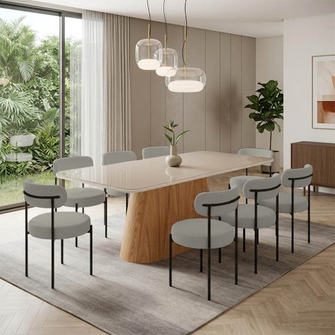 Mesa Jantar Vidro 200cm Off Kit 8 Cadeiras Aço Preto Boucle Ted H02 - D'Rossi