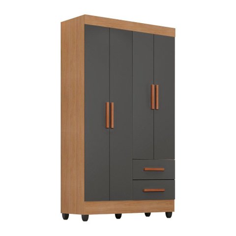 Guarda Roupa Roupeiro Solteiro 4 Portas 2 Gavetas Lite Freijó Cinza Móveis Leão