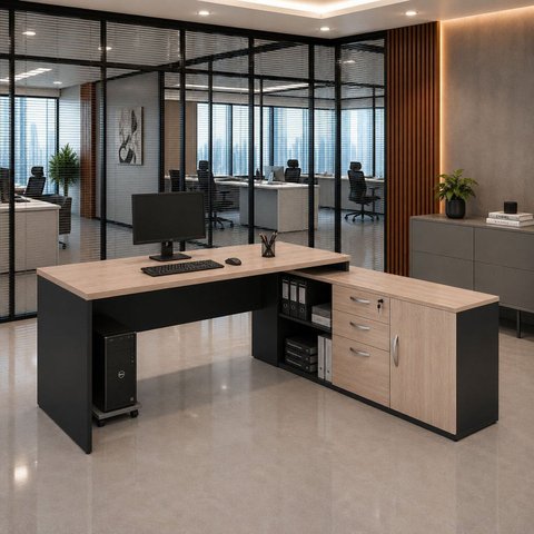 Mesa de Escritório Pedestal Presidente em L 170x160cm Executiva Tampo 30mm Armário Lateral 3 Gavetas