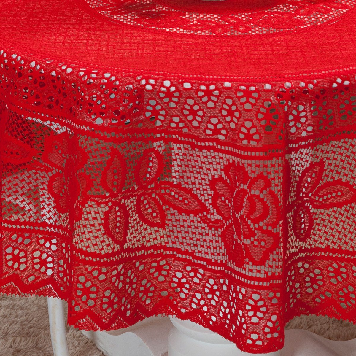 Toalha Renda Redonda 1,50m X 1,50m Floral 4 Lugares Cozinha Forro Mesa Jantar Vermelho - 2