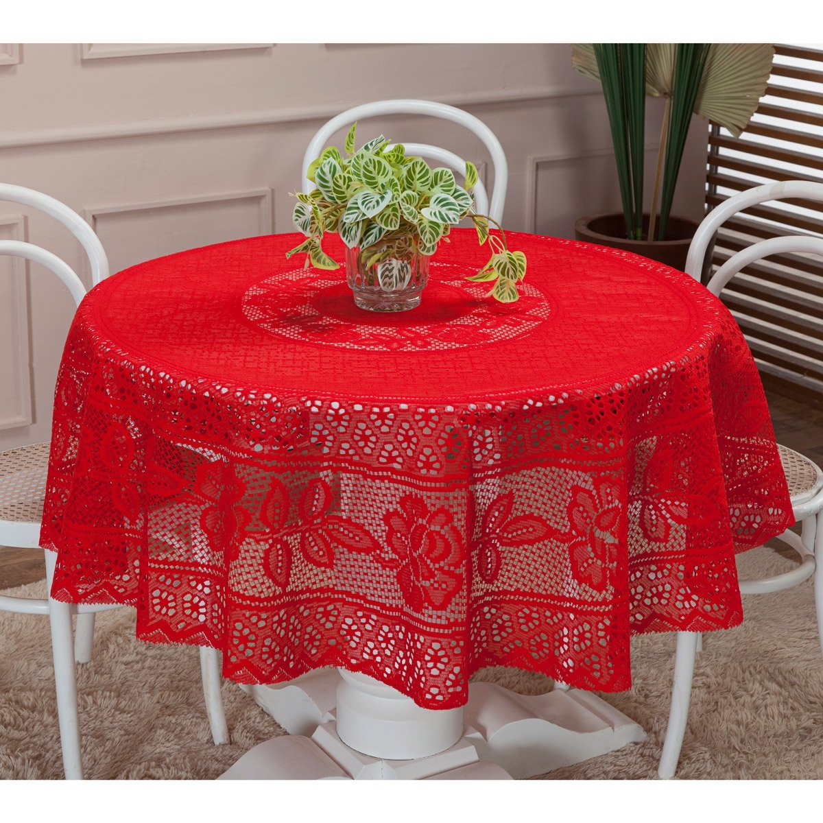 Toalha Renda Redonda 1,50m X 1,50m Floral 4 Lugares Cozinha Forro Mesa Jantar Vermelho