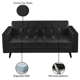 Sofá para Escritório Roma 03 Lugares - Corino - Cor Preto - 60042 - 2