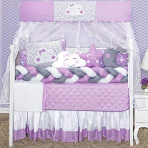 Kit Berço para Menina Lua Lilás Trança e Lateral 12p