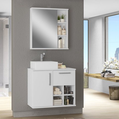 Conjunto para Banheiro 3 Peças 1 Gabinete com Cuba 1 Armário com Espelho 70cm Bia Branco