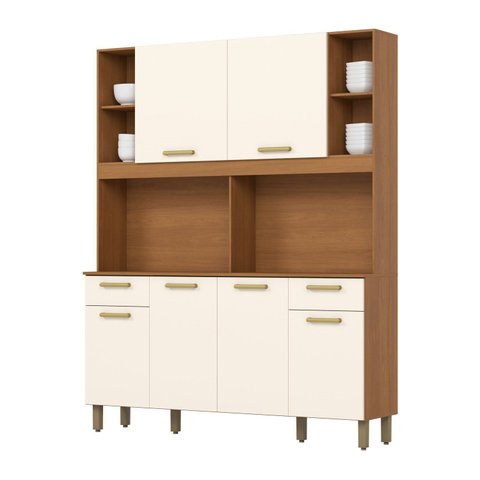 Kit Cozinha Compacta 08 Portas 02 Gavetas com Painel Fundo e Nichos Decorativos Marrom/Cinamomo/Off White