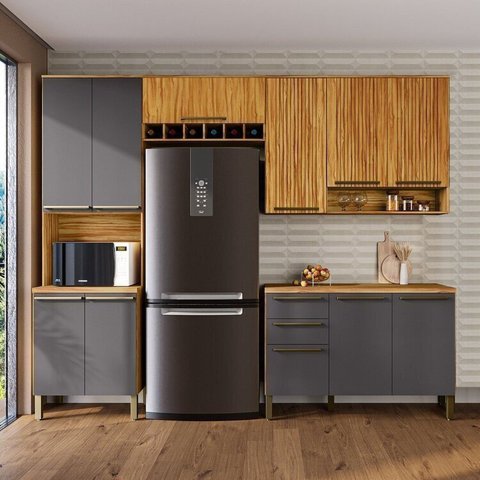 Cozinha Compacta Modulada 4 Peças 11 Portas e Tampo 100% MDF Frisado Itália Yescasa Cinza/Amêndoa/Chumbo